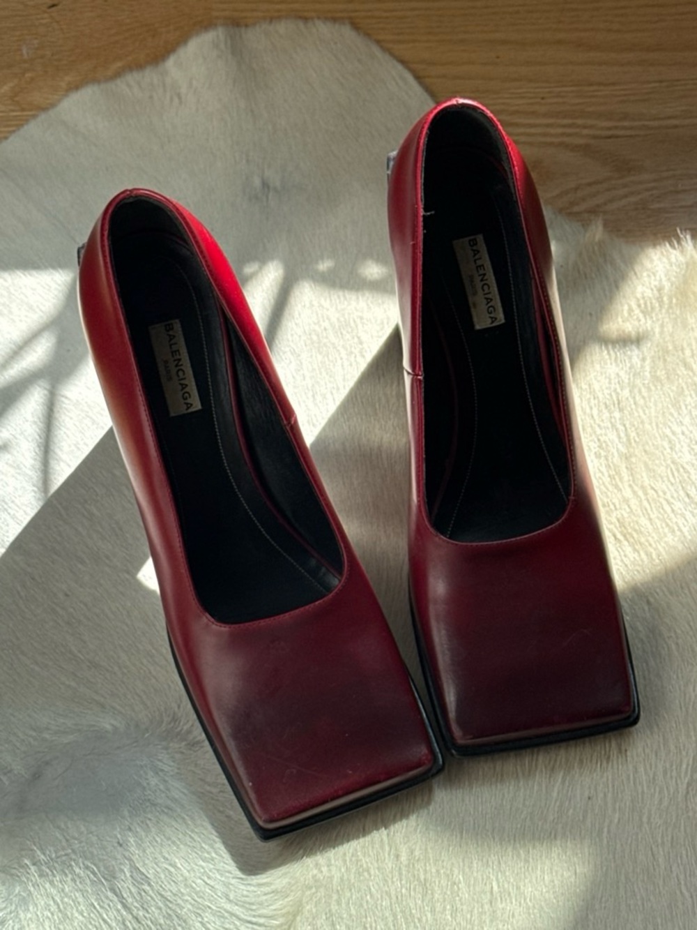 Balenciaga Women's Burgundy Square-Toe Leather Pumps - Picture 1 of 4
